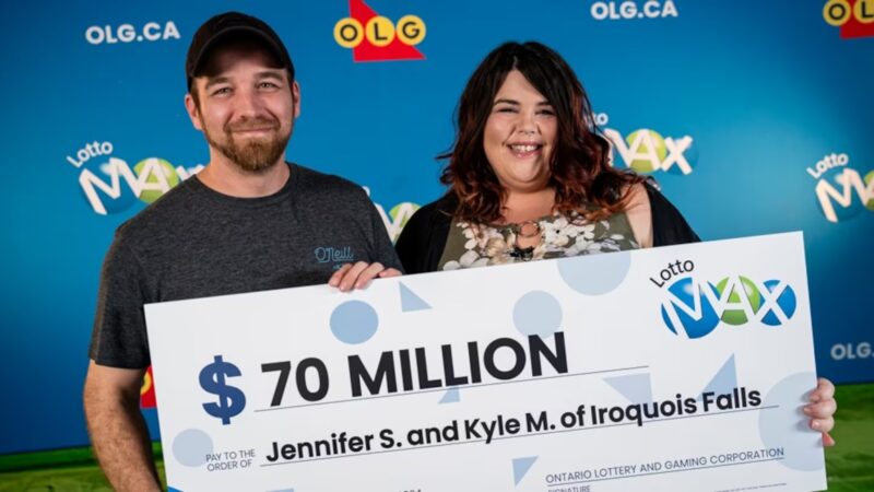 Jennifer Stuart-Flynn and Kyle Murray of Iroquois Falls won the $70 million jackpot in the Aug. 20, 2024 Lotto Max draw. (OLG)